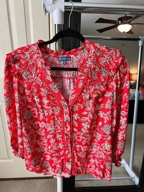 Democracy Red Floral Ruffle Button-Front Blouse Sz M